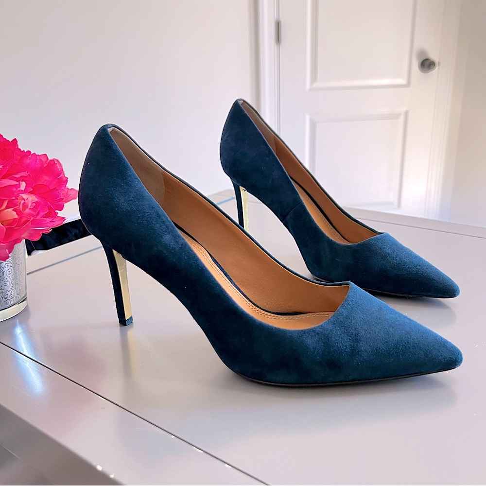 Tory Burch Elana Gold and Blue Suede Pointed Toe Heels